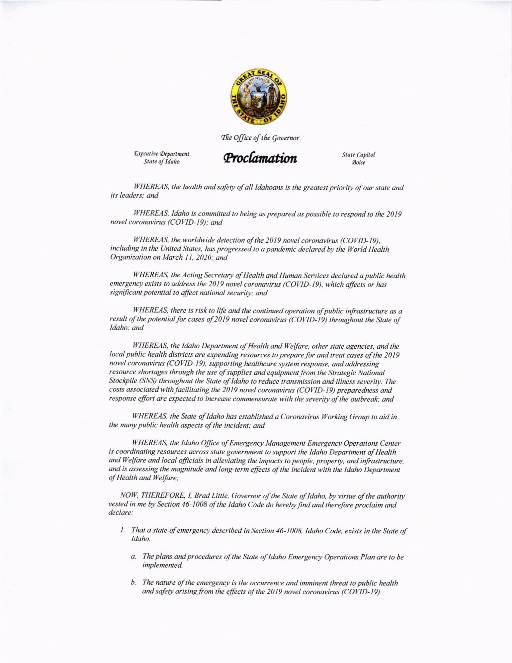 Governors Proclamation